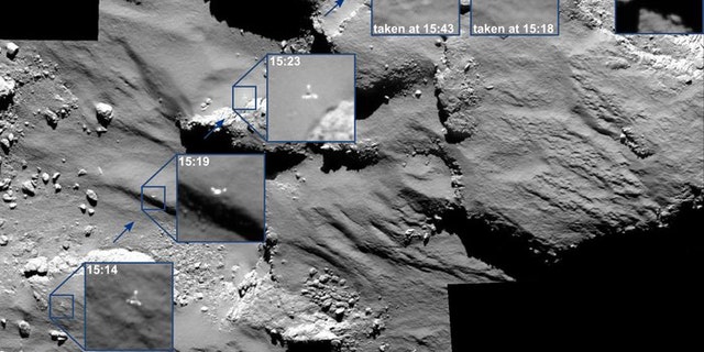 Images showing the Philae lander's journey as it approached and then rebounded from its first touchdown.
