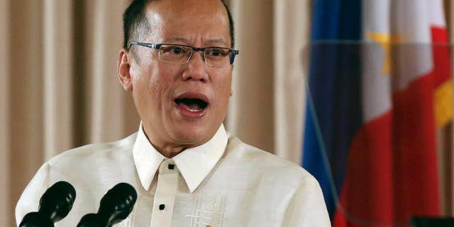 FILE - In this Sept. 10, 2014 file photo, Philippine President Benigno Aquino III delivers his speech during ceremonies for the turnover of the Draft of the Bangsamoro Basic Law at the Malacanang Presidential Palace in Manila, Philippines. Aquino says he's been told security threats on the Syrian side of the Golan Heights are not expected to ease soon, dimming hopes that U.N. peacekeepers can be deployed back to the region in the near future. (AP Photo/Aaron Favila, File)