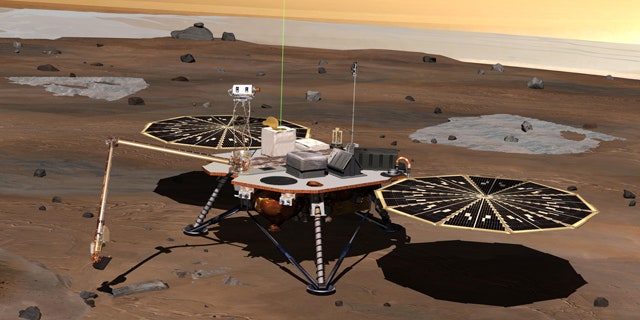 NASA's Phoenix Mars Lander monitors the atmosphere overhead and reaches out to the soil below in this artist's depiction of the spacecraft fully deployed on the surface of Mars.