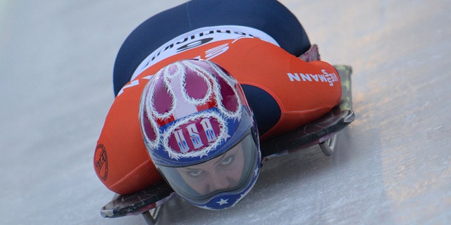 Jan. 17. 2014: Noelle Pikus-Pace from the United States speeds down the track during her first run in the women's Skeleton World Cup race in Innsbruck, Austria.
