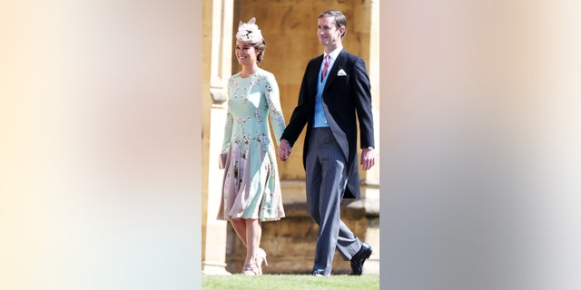 Pippa Middleton and James Matthews arrive for the wedding ceremony of Prince Harry and Meghan Markle at St. George's Chapel in Windsor Castle in Windsor, near London, England, Saturday, May 19, 2018. (Chris Jackson/pool photo via AP)
