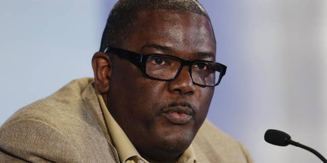 In this July 16, 2013, photo, Detroit Pistons President of Basketball Operations Joe Dumars speaks during a news conference in Auburn Hills, Mich. The Pistons have decided not to renew Dumars' contract as president of basketball operations, a person familiar with the situation said Sunday, April 13, 2014. The person, who spoke on condition of anonymity because the team has not made any announcement on Dumars' future, says Dumars will remain with the Pistons as an adviser. (AP Photo/Carlos Osorio)