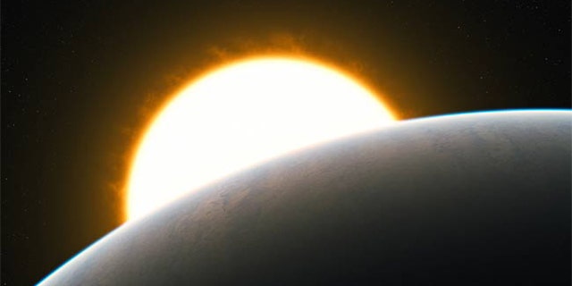 This artist's impression shows the Jupiter-like transiting planet HD 209458b around its sun-like star. The very high precision observations of carbon monoxide gas show that it is streaming with enormous speed from the extremely hot day side to the cooler night side of the planet.