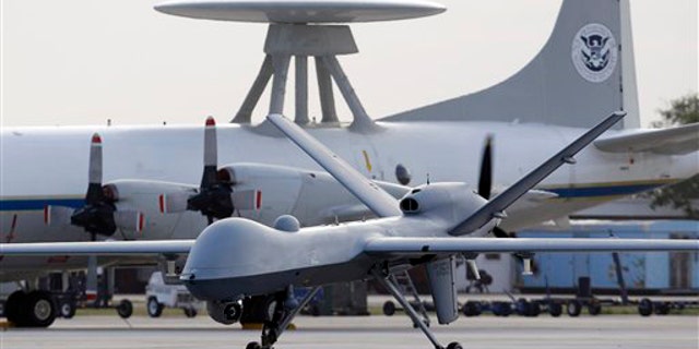 A Predator B unmanned aircraft taxis at the Naval Air Station in Corpus Christi, Texas.
