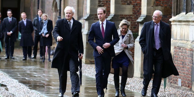 Jan. 7, 2014: Britain's Prince William, foreground second left, walks with Leszek Borysiewicz Vice Chancellor University of Cambridge. right, Polly Coutice Director of Cambridge Programme Sustainability Leadership, second right and Master of St Johns Professor Christopher Dobson as they arrive at St Johns College, Cambridge, England.