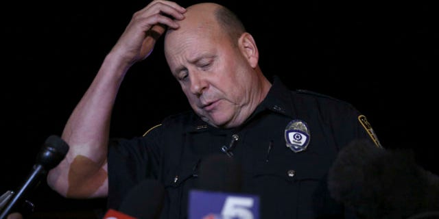 May 3, 2015: Garland Police spokesperson Joe Harn pauses as he addresses media about the shooting at the Curtis Culwell Center where a provocative contest for cartoon depictions of the Muslim prophet Muhammad was held in Garland, Texas. (AP Photo/LM Otero)