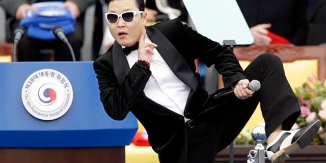 South Korean rapper PSY performs before President Park Geun-hye's presidential inauguration ceremony.