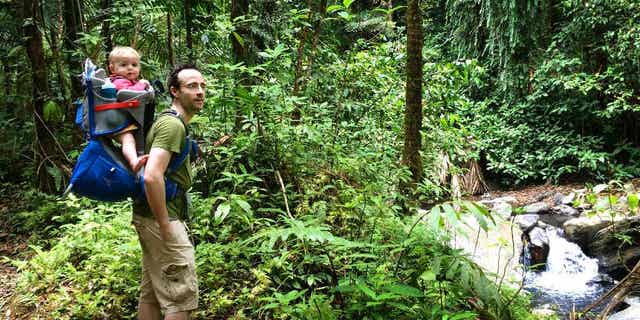 In this May 23, 2015 photo, Elijah Van Benschoten carries his 17-month-old son Hunt Van Benschoten while hiking through El Yunque National Rainforest in Puerto Rico. No matter how experienced a traveler you are, an overseas trip taken with a baby or toddler requires changes in planning, expectations and itineraries. (Amber Hunt via AP)