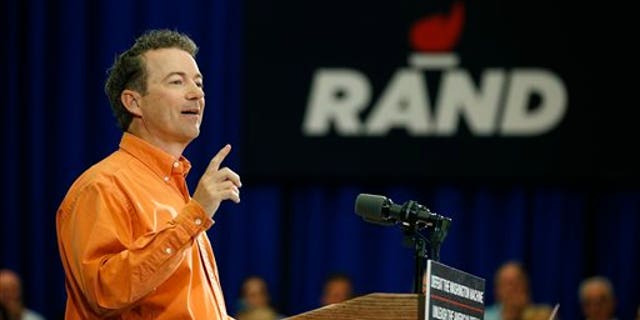 Republican presidential candidate Sen. Rand Paul, R-Ky., speaks at a rally Saturday, April 11, 2015, in Las Vegas. (AP Photo/John Locher)