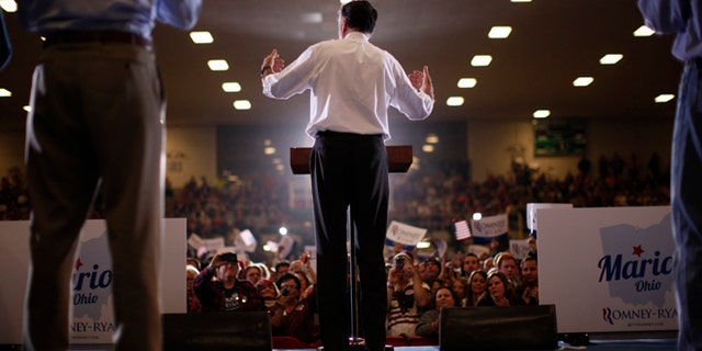 Republican presidential candidate and former Massachusetts Gov. Mitt Romney campaigns at the Veterans Memorial Coliseum, Marion County Fairgrounds, in Marion, Ohio, Sunday, Oct. 28, 2012. (AP Photo/Charles Dharapak)