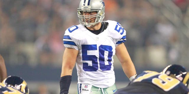 Aug 25, 2012; Arlington, TX, USA; Dallas Cowboys linebacker Sean Lee (50) on the line of scrimmage during the second quarter against the St Louis Rams at Cowboys Stadium. Mandatory Credit: Tim Heitman-USA TODAY Sports
