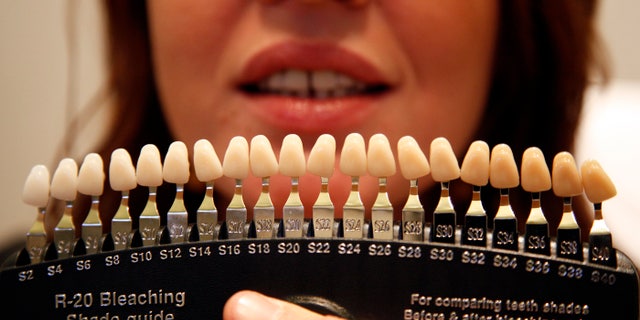 A tooth colour chart is used to evaluate the current colour before a customer undergoes a teeth whitening treatment.