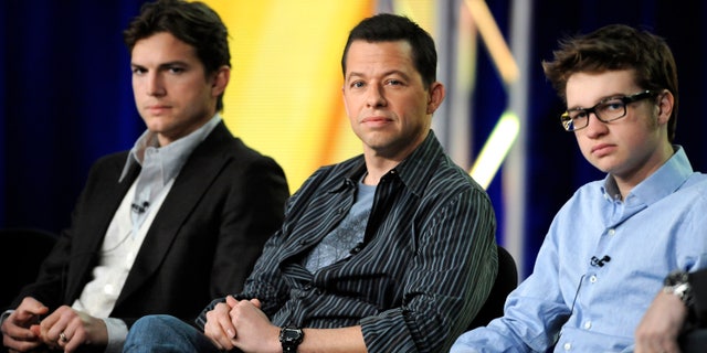 Jan. 11, 2012: Cast members Ashton Kutcher (L), Jon Cryer (C) and Angus T. Jones (R) participate in a panel for CBS series "Two and a Half Men" during the CBS sessions at the Television Critics Association winter press tour in Pasadena, Calif.