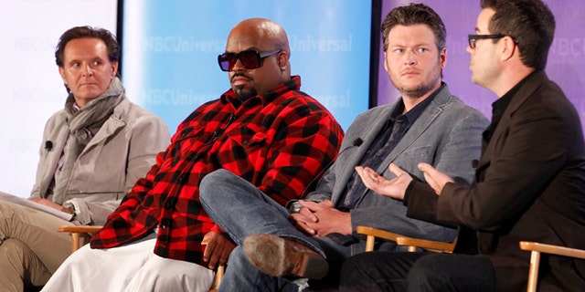 April 18, 2012: Reality series "The Voice" executive producer Mark Burnett (L-R), coaches CeeLo Green and Blake Shelton, and producer and host Carson Daly take part in a panel discussion at the NBC Universal Summer Press Day 2012 in Pasadena, California.