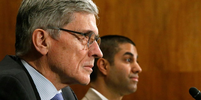 Federal Communications Commission (FCC) Chairman Tom Wheeler and FCC Commissioner Ajit Pai testify before a Senate Appropriations Financial Services and General Government Subcommittee hearing on the FY2015 budget justification for the FCC, on Capitol Hill in Washington March 27, 2014.