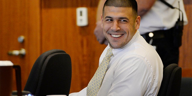 Former New England Patriots player Aaron Hernandez attends an evidentiary hearing at Bristol County Superior Court in Fall River, Massachusetts, October 2, 2014.