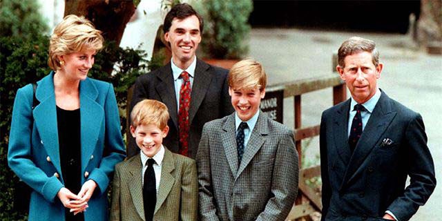 Princess Diana with sons Prince Harry and Prince William alongside Prince Charles. They were accompanied by housemaster Dr. Andrew Gayley (behind) in 1995.