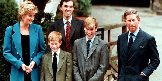 Princess Diana with sons Prince Harry and Prince William alongside Prince Charles. They were accompanied by housemaster Dr. Andrew Gayley (behind) in 1995.