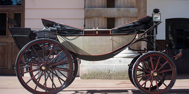 The Ascot Landau, which will be used in the case of dry weather for the wedding of Prince Harry and Meghan Markle, at the Royal Mews at Buckingham Palace, London Picture taken May 1, 2018.