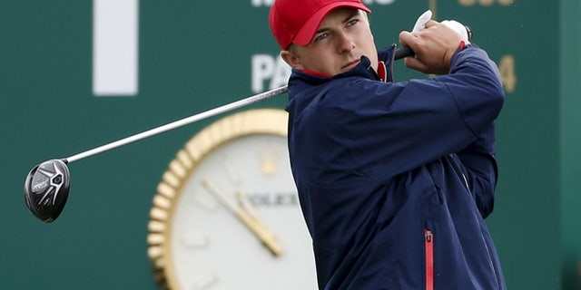 Oct. 11, 2015: U.S. team member Jordan Spieth tees off on the first hole during their singles matches of the 2015 Presidents Cup golf tournament.