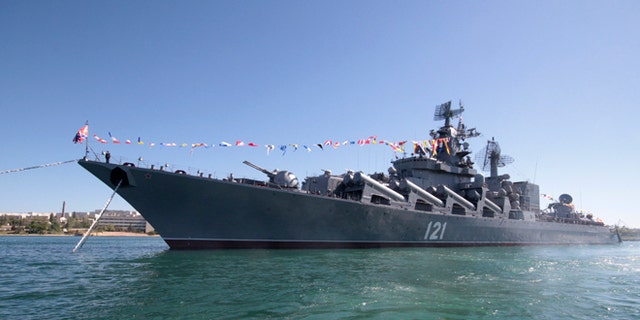 Russian missile cruiser Moskva is moored in the Ukrainian Black Sea port of Sevastopol in this May 10, 2013 file photo.