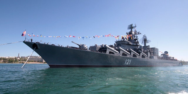 Russian missile cruiser Moskva is moored in the Ukrainian Black Sea port of Sevastopol in this May 10, 2013 file photo.
