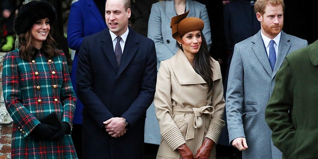 Britain's Catherine, Duchess of Cambridge, Prince William, Duke of Cambridge, Meghan Markle and Prince Harry leave St Mary Magdalene's church after the Royal Family's Christmas Day service on the Sandringham estate in eastern England, Britain, December 25, 2017. REUTERS/Hannah McKay - RC117DF76700