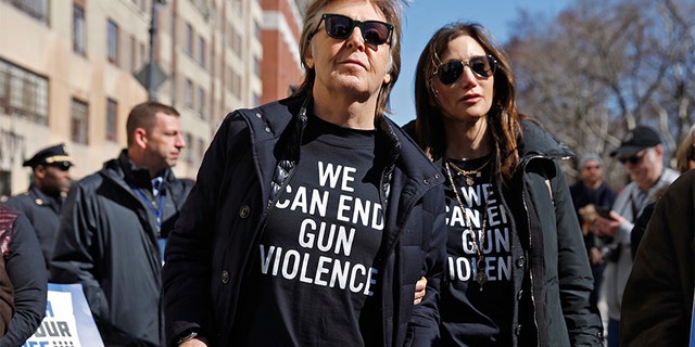 Former Beatle Sir Paul McCartney joins the rally during a "March For Our Lives" demonstration demanding gun control in New York City, U.S. March 24, 2018.