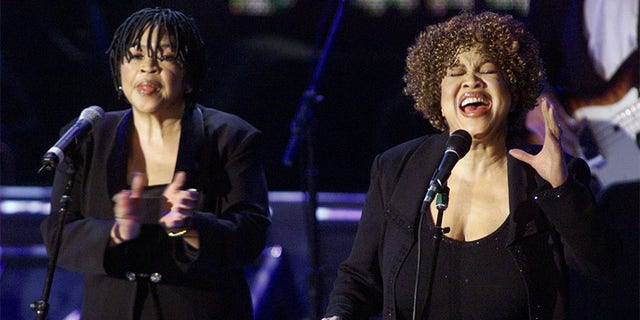 Mavis Staples (R) and Yvonne Staples (L) perform after they and the rest of the Staples Singers accepted their induction into the Rock &amp; Roll Hall of Fame at the 14th Annual Rock and Roll Hall of Fame Induction Ceremony at New York's Waldorf Astoria Hotel, March 15.**DIGITAL IMAGE** - PBEAHULVYBQ