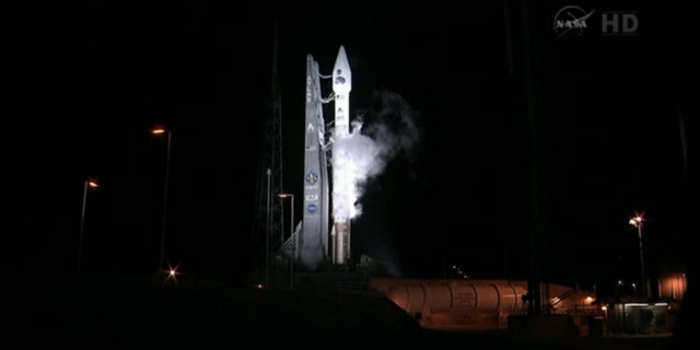 Aug. 24, 2012: This framegrab image provided by NASA-TV shows the Atlas V first stage and Centaur upper stage sitting on the launch pad at Cape Canaveral Air Force Station, Florida just prior to launch.