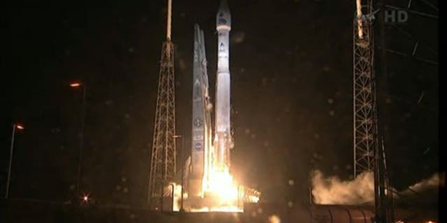 Aug. 30, 2012: This framegrab image provided by NASA-TV shows the Atlas V first stage and Centaur upper stage as it lifts off the launch pad at Cape Canaveral Air Force Station, Florida.
