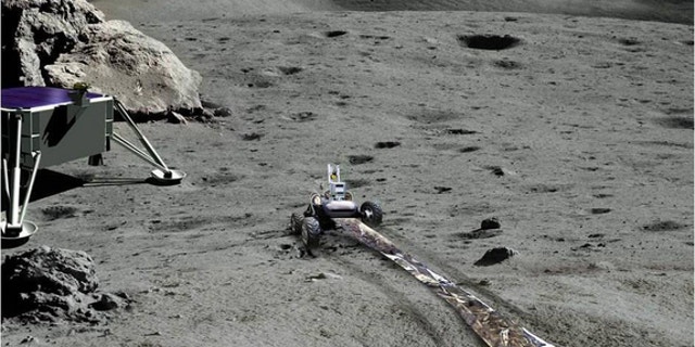 Artist's concept of radio telescope array being emplaced by human-controlled rover on the far side of the moon.