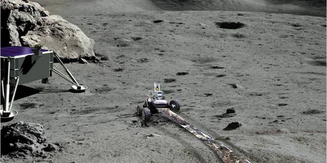 Artist's concept of radio telescope array being emplaced by human-controlled rover on the far side of the moon.