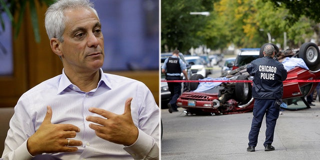 Mayor Rahm Emanuel, under fire over comments on the surging violence in Chicago. At right is one of multiple shooting scenes across the city in recent weeks. In this case, a man was shot in his car.