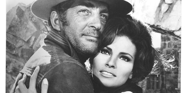 Raquel Welch working alongside Dean Martin in the 1968 film "Bandolero!".