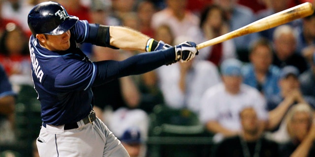 Tampa Bay Rays' Evan Longoria doubles during the sixth inning of an American League wild-card tiebreaker baseball game against the Texas Rangers Monday, Sept. 30, 2013, in Arlington, Texas. (AP Photo/Tim Sharp)