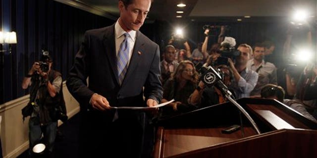 U.S. Rep. Anthony Weiner, D-N.Y., arrives for a news conference in New York, Monday, June 6, 2011. After days of denials, a choked-up New York Democratic Rep. Anthony Weiner confessed Monday that he tweeted a bulging-underpants photo of himself to a young woman and admitted to "inappropriate" exchanges with six women before and after getting married. (AP Photo/Richard Drew)