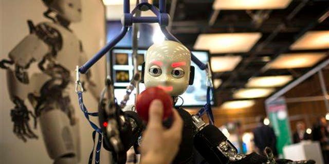 This March 19, 2013, file photo shows the iCub robot trying to catch a ball.The iCub robot is used for research into artificial intelligence.