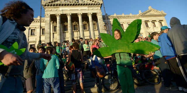ADVANCE FOR USE SUNDAY, FEB. 16, 2014, AND THEREAFTER - FILE - In this Dec. 10, 2013 photo, people attend a demonstration in support of the legalization of marijuana outside the Congress in Montevideo, Uruguay. Uruguay's Senate approved the world's first national marketplace for legal marijuana. From the Americas to Europe to North Africa and beyond, the marijuana legalization movement has unprecedented traction, a nod to successful efforts in Colorado, Washington and the small South American nation of Uruguay, which became the first country to approve nationwide pot legalization. (AP Photo/Matilde Campodonico, File)
