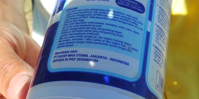 July 31, 2015 - A liquid soap container label-- marked Jakarta, Indonesia-- was part of newly-discovered debris washed onto the beach at Saint-Andre on the French island of Reunion in the Indian Ocean. French authorities are studying a piece of plane debris found on Reunion Island to determine whether it came from missing Malaysia Airlines Flight MH370.