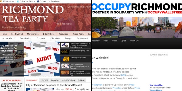 Richmond Tea Partiers are claiming a double standard between their group and their group and Occupy Richmond, seen in screengrabs of their websites.
