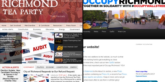 Richmond Tea Partiers are claiming a double standard between their group and their group and Occupy Richmond, seen in screengrabs of their websites.