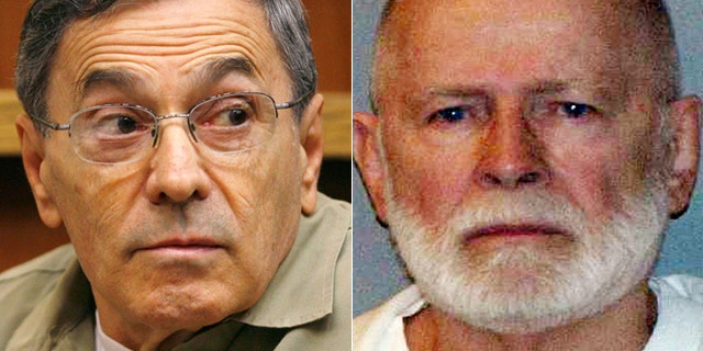 This pair of file photos shows Stephen "The Rifleman" Flemmi, left, on Sept. 22, 2008, as he testified in a Miami court in the murder trial of former FBI agent John Connolly; and James "Whitey" Bulger, right, in a June 23, 2011 booking photo provided by the U.S. Marshals Service.