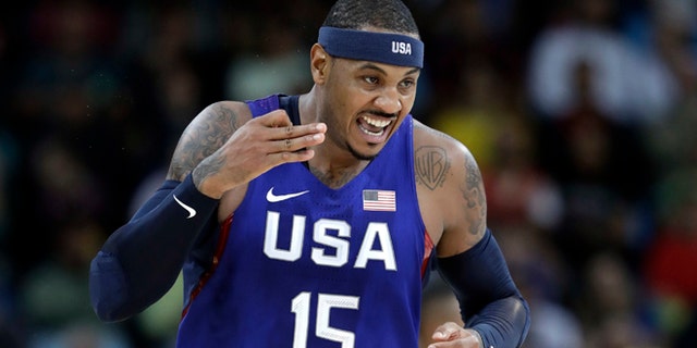 United States' Carmelo Anthony (15) reacts to a score against Australia during a men's basketball game at the 2016 Summer Olympics in Rio de Janeiro, Brazil, Wednesday, Aug. 10, 2016. (AP Photo/Eric Gay)