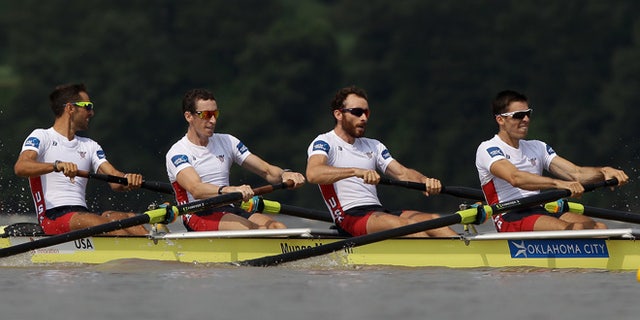 CHUNGJU, SOUTH KOREA - AUGUST 30: Robert Duff, William Daly, Anthony Fahden and Robin Prendes of United States compete in the Lightweight Men's Four final during day six of the 2013 World Rowing Championships on August 30, 2013 in Chungju, South Korea. (Photo by Chung Sung-Jun/Getty Images)