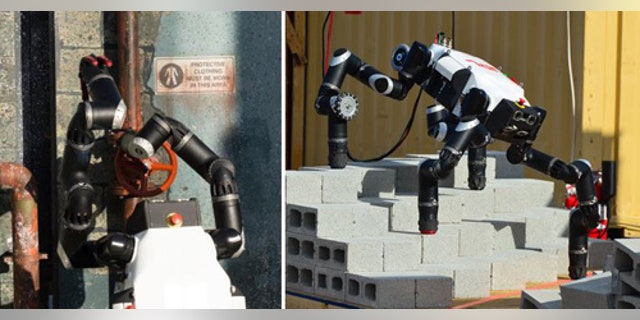 RoboSimian performs two tasks during the first DARPA Robotics Challenge. On the left the robot closes a valve, and on the right it walks over obstacles.