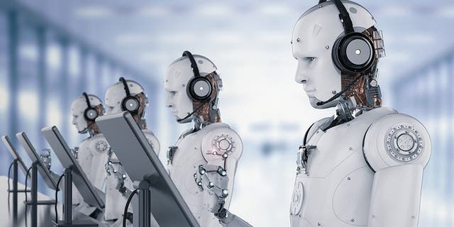 3d rendering humanoid robot working with headset and monitor