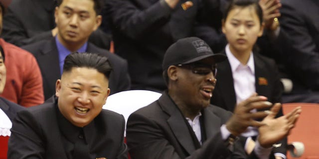 Feb. 28, 2013: North Korean leader Kim Jong Un, left, and former NBA star Dennis Rodman watch North Korea and the U.S. play an exhibition basketball game in Pyongyang, North Korea. (AP)