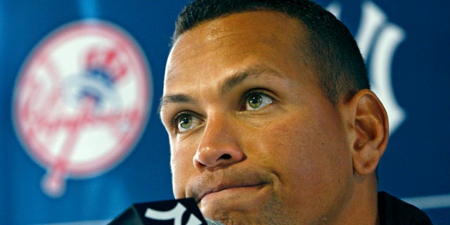 Alex Rodriguez at a news conference during baseball spring training at Steinbrenner Field in Tampa, Fla.