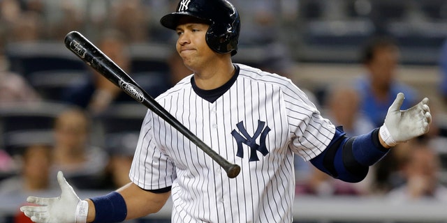 FILE - In this Aug. 13, 2013 file photo, New York Yankees' Alex Rodriguez reacts after striking out in the seventh inning of a baseball game against the Los Angeles Angels in New York. Rodriguezâs drug suspension has been reduced to 162 games, potentially sidelining the slugger for the entire 2014 season. The New York Yankees third baseman was suspended for 211 games on Aug. 5 by baseball Commissioner Bud Selig. The penalty was given for alleged violations of the sport's drug agreement and labor contract and followed Major League Baseball's investigation of the Biogenesis of America anti-aging clinic, which was accused of distributing banned performance-enhancing drugs. (AP Photo/Kathy Willens, File)